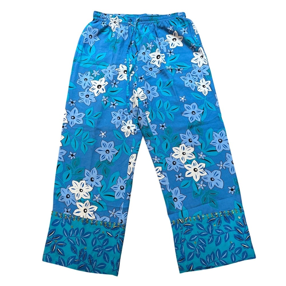 Bamboo Traders Silk Pants Women Blue Excellent Floral Sequin Wide Leg SIZE S